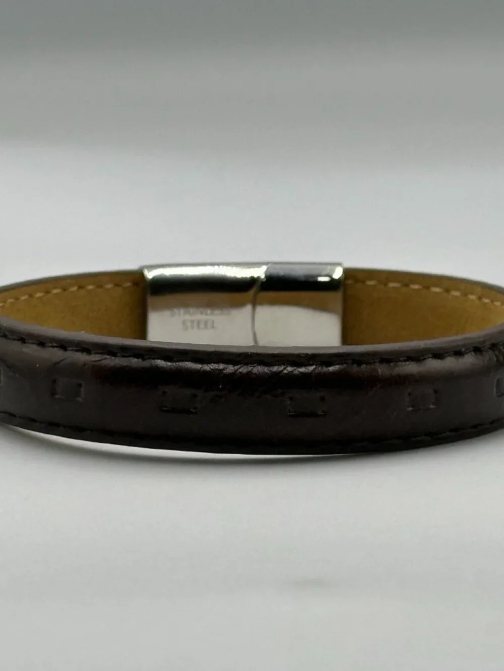 3/$30 Men Brown Leather Bracelet Stitched Stainless Steel Snap Clasp 8.25